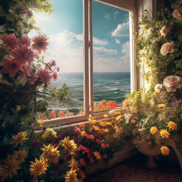 Una ventana con flores que está abierta al agua.