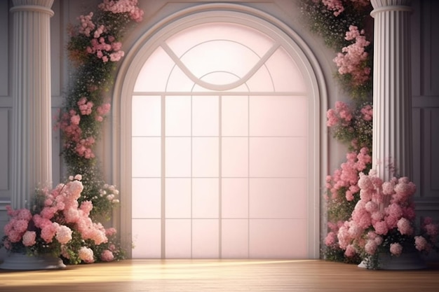 Una ventana con flores rosas y una puerta blanca.