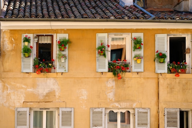 Ventana francesa con flores colgantes