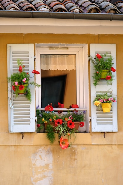 Ventana francesa con flores colgantes