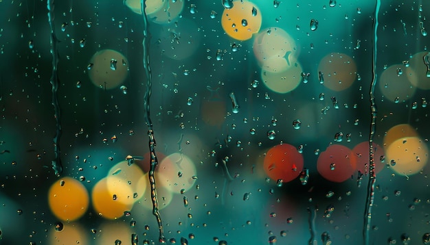 Foto una ventana con gotas de lluvia en ella y un fondo borroso por una imagen generada