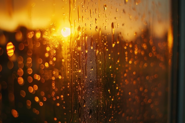 Una ventana con gotas de lluvia y un sol en el fondo