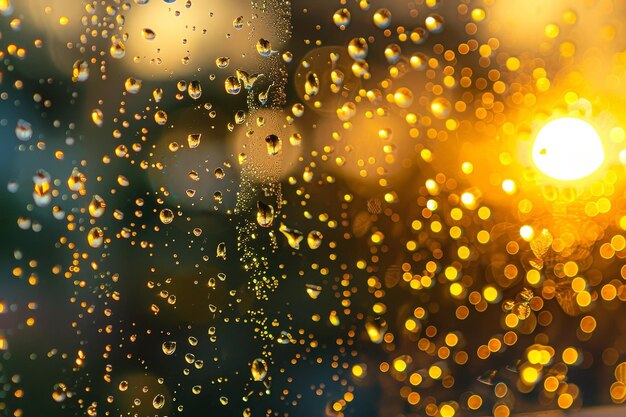 Una ventana con gotas de lluvia y un sol en el fondo