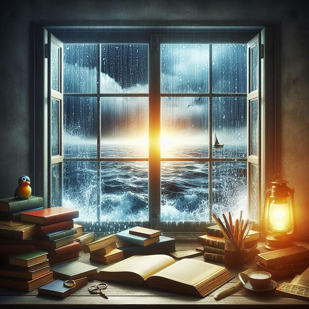 Ventana con gotas de lluvia y vista imaginativa libros en la mesa tema del día del libro día mundial del libro