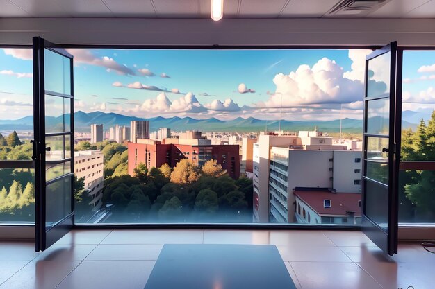 Foto una ventana grande con vista de la ciudad debajo