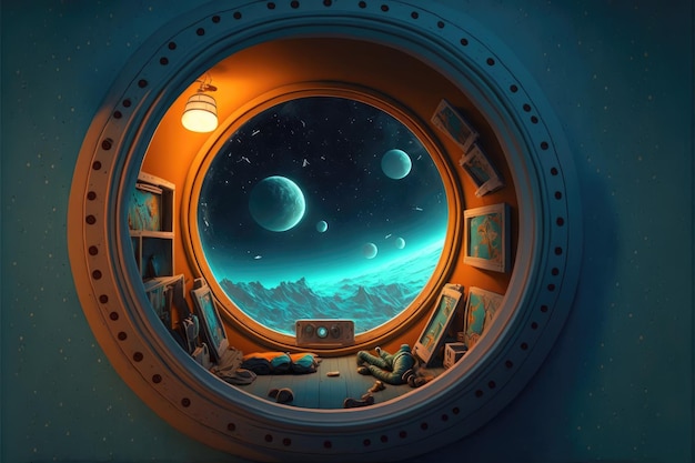 Ventana en una habitación de nave espacial con vista a la Luna y la Tierra