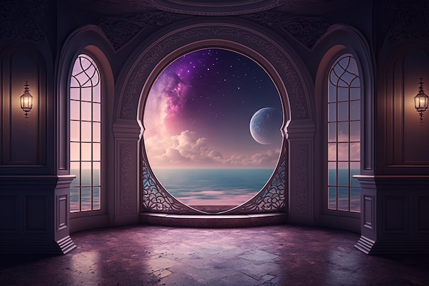 Una ventana en una habitación vacía con un planeta en el fondo, generado por ai