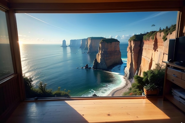 Una ventana en una habitación con vista al océano.