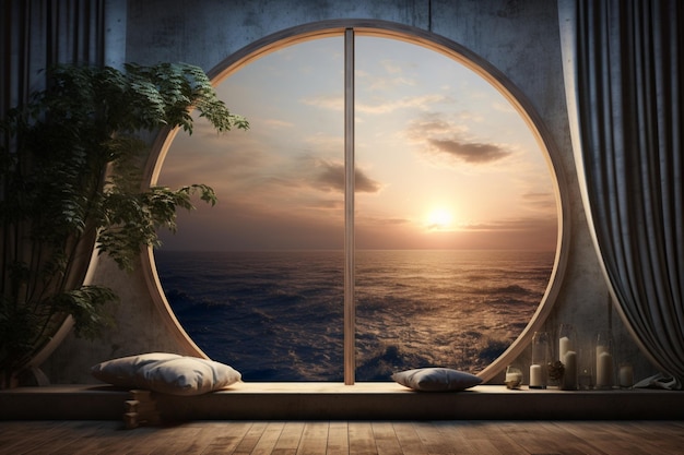 ventana en una habitación con una vista surrealista y mística