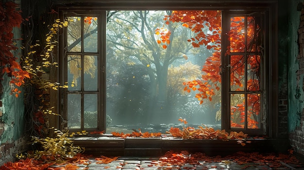 una ventana con hojas de otoño en ella y un árbol en el fondo