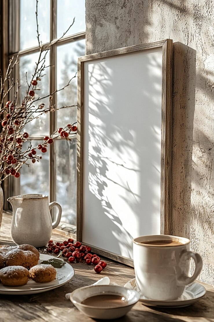 una ventana con una imagen de una taza de café y una imagen de bayas
