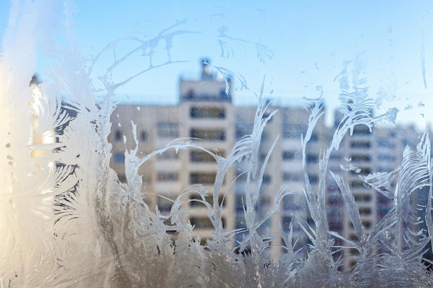 Ventana de invierno congelado con textura de patrón de escarcha de hielo brillante