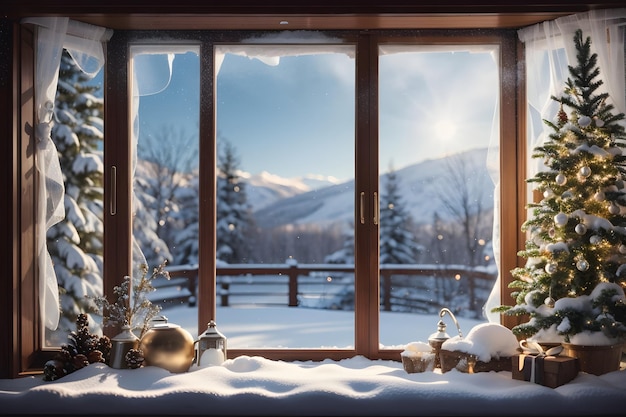 Ventana de invierno con nieve y decoraciones.