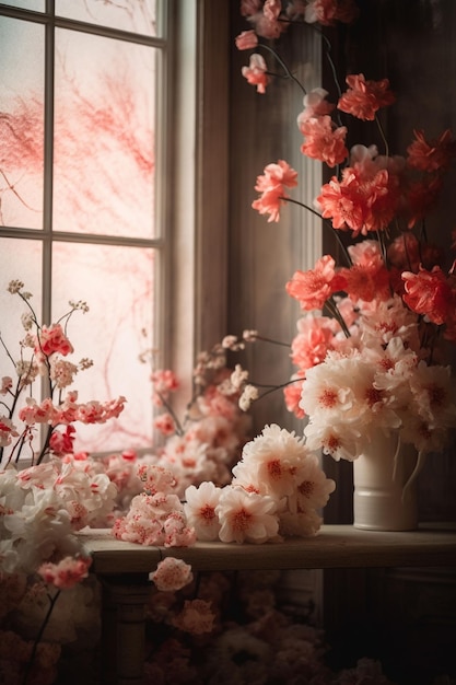 Una ventana con un jarrón de flores y un árbol al fondo.