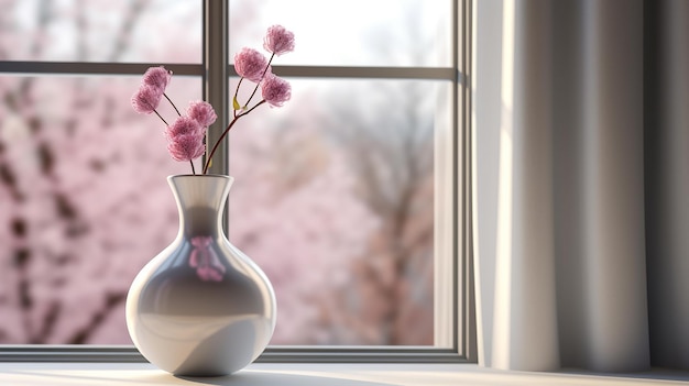 Ventana con jarrón de flores blancas en el exterior