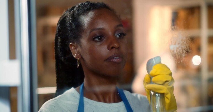 Ventana de lavado de uniforme de mujer afroamericana con plumero con spray en las manos