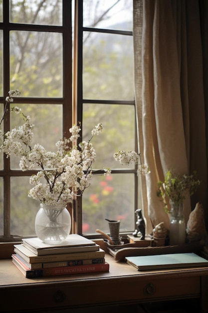 Una ventana con un libro y un jarrón de flores.