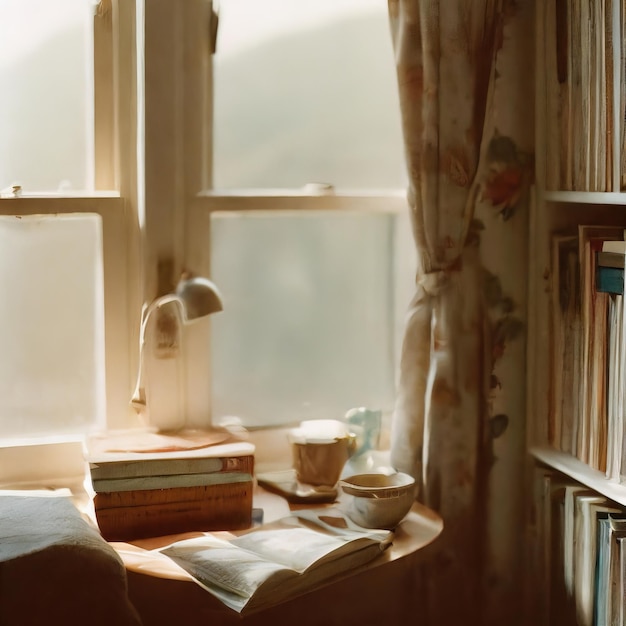 Una ventana con un libro y un libro sobre la mesa.