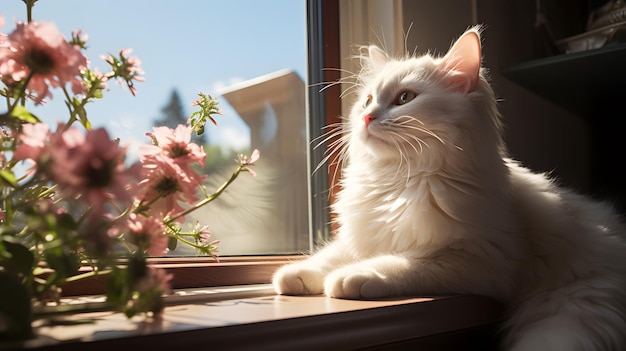 Ventana de un lindo gatito gordito y anhelante mira con tristeza el mundo más allá