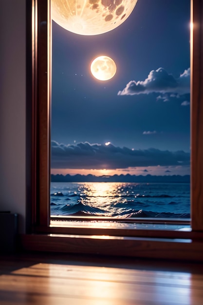 Una ventana con la luna en el cielo