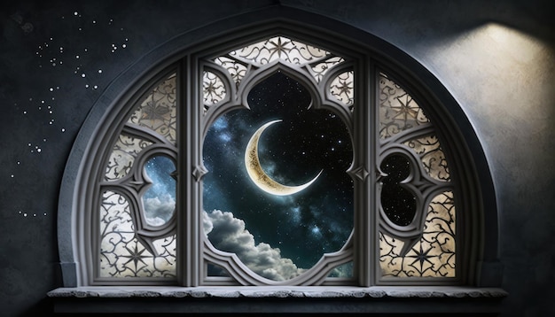 Una ventana con una luna creciente en el centro