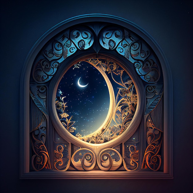 Una ventana con una luna y estrellas al fondo.