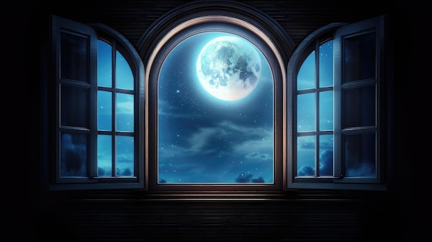 Una ventana con una luna llena y una luna.