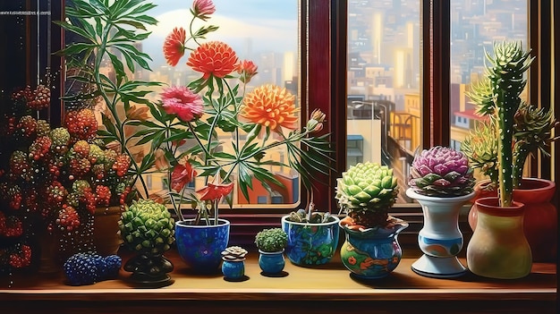Una ventana con una maceta y un jarrón con flores.