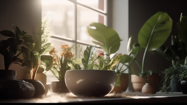 Una ventana con una maceta y una planta sobre la mesa.