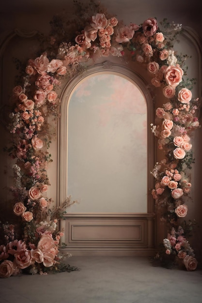 Una ventana con un marco de flores rosas.