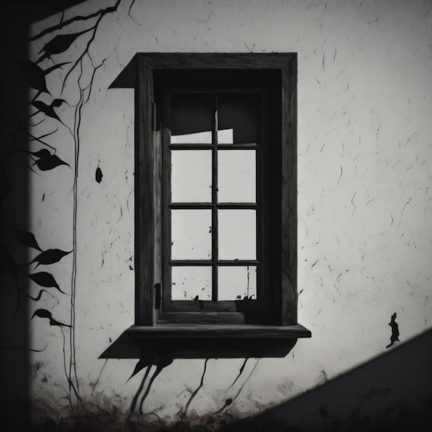 Foto una ventana con marco de madera y una pequeña ventana con la sombra de una planta en la pared.