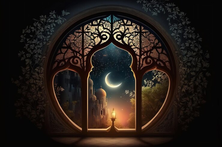 Ventana de la mezquita musulmana en la noche fantástica Ai generativo