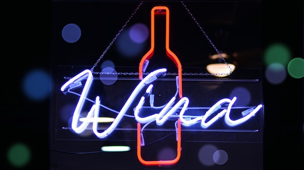 Foto en una ventana se muestra un letrero de neón con una botella de vino.