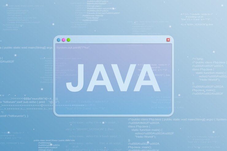 Foto ventana del navegador con el icono del lenguaje de programación java y elementos de código en el fondo 3d