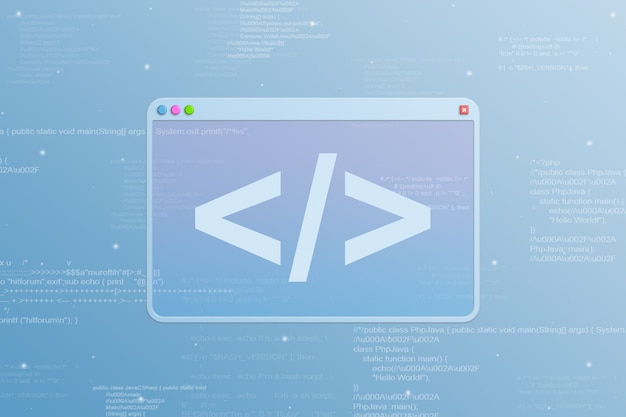 Ventana del navegador con icono de programación y elementos de código en 3d de fondo