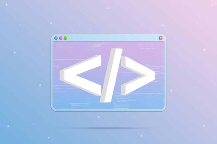 Foto ventana del navegador con icono de programación y elementos de código en 3d de fondo