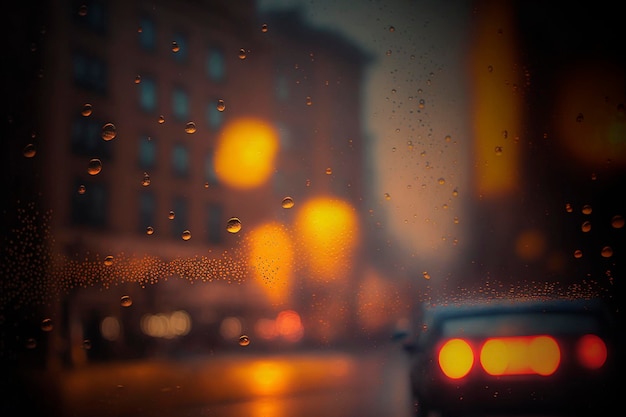 Foto ventana de noche brumosa con gotas de lluvia fondo borroso luz nocturna vista de la ciudad ventana ai generado