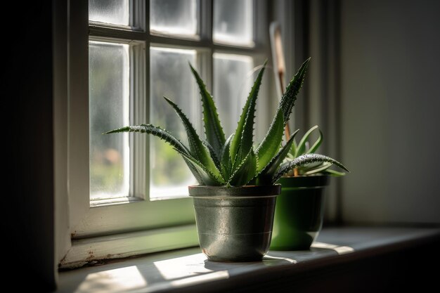 La ventana de la olla de aloe vera la flor es verde genera Ai