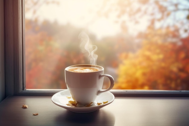 Ventana de otoño de taza de café caliente Generar Ai