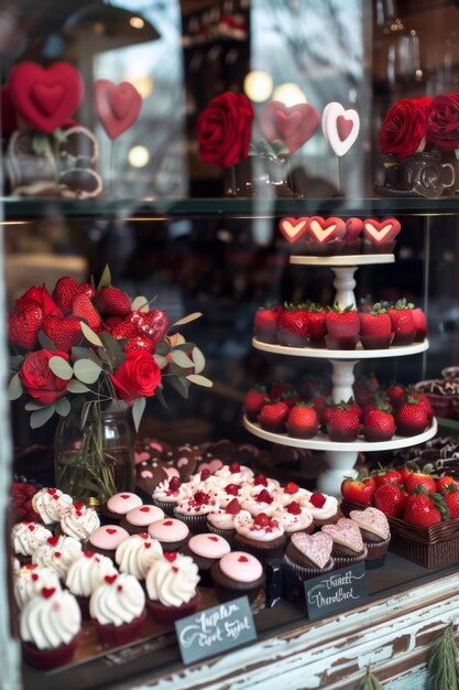 Una ventana de panadería llena de golosinas como galletas en forma de corazón pasteles de terciopelo rojo y chocolate