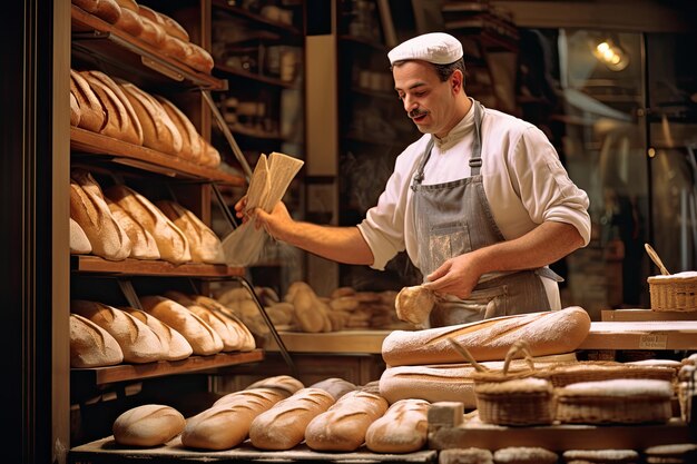 Ventana de la panadería un panadero expertamente da forma a una baguette rodeada de estantes de pan recién horneado