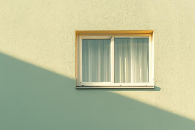 Una ventana en una pared amarilla con una cortina blanca