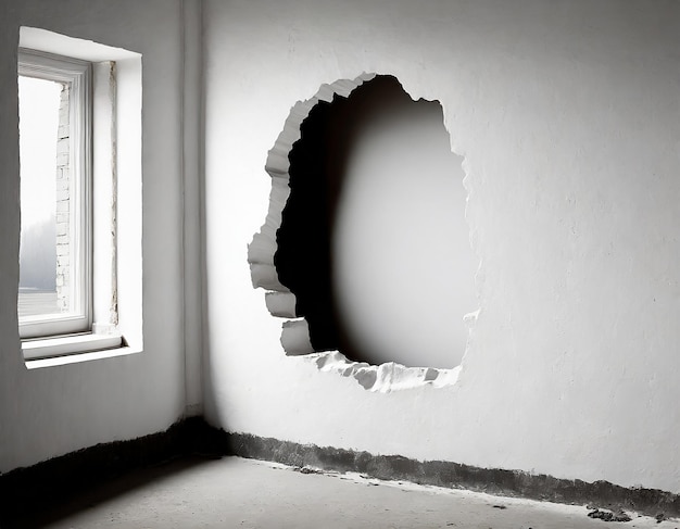 Foto ventana en una pared de una casa foto en blanco y negro un agujero en la pared en una habitación con un agujero en ella