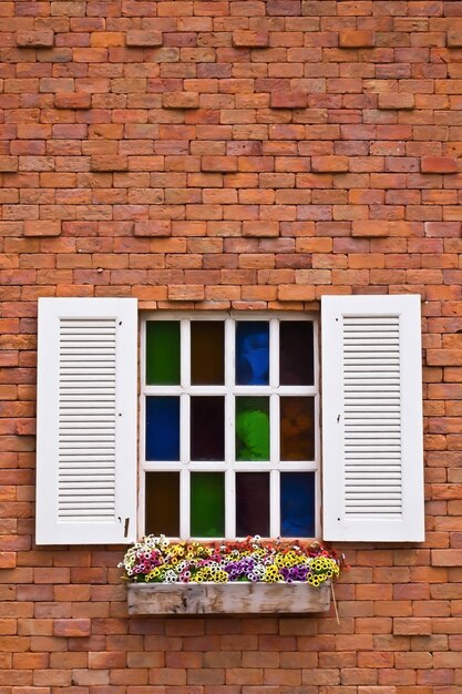 Foto ventana en la pared de ladrillo flor