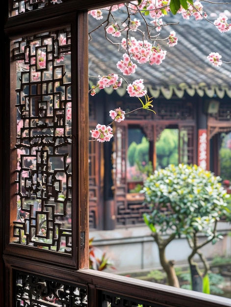 Ventana del patio adornada con flores de cerezo rosadas La primavera en la arquitectura tradicional Las plantas verdes exuberantes Las flores y el paisaje sereno del patio completan la imagen