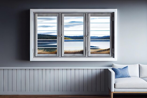 Ventana con persiana de tres paneles que muestra la vista y deja entrar la luz natural