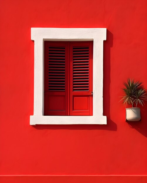 Una ventana con persianas y una planta en una olla