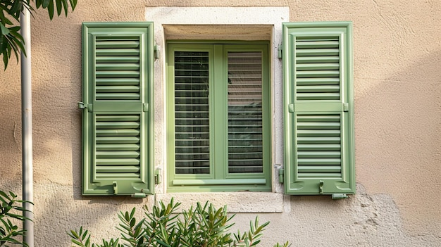 Foto una ventana con persianas verdes y una planta frente al edificio