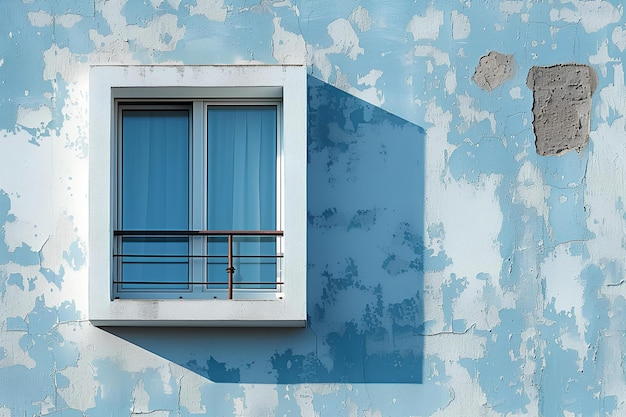 Una ventana con una pintura azul en ella