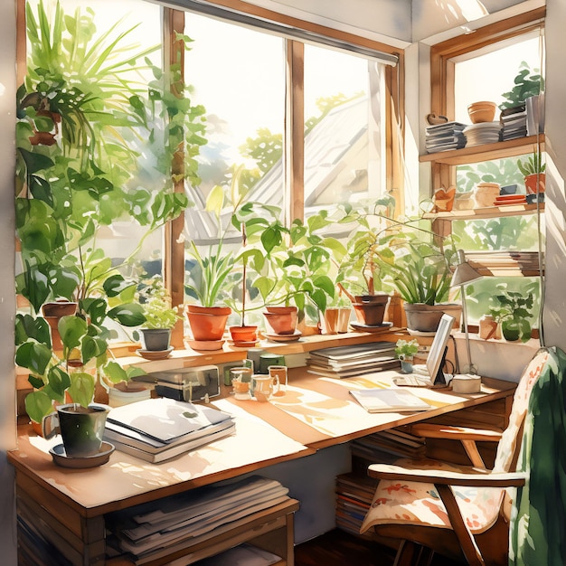 una ventana con una planta y un libro sobre la mesa